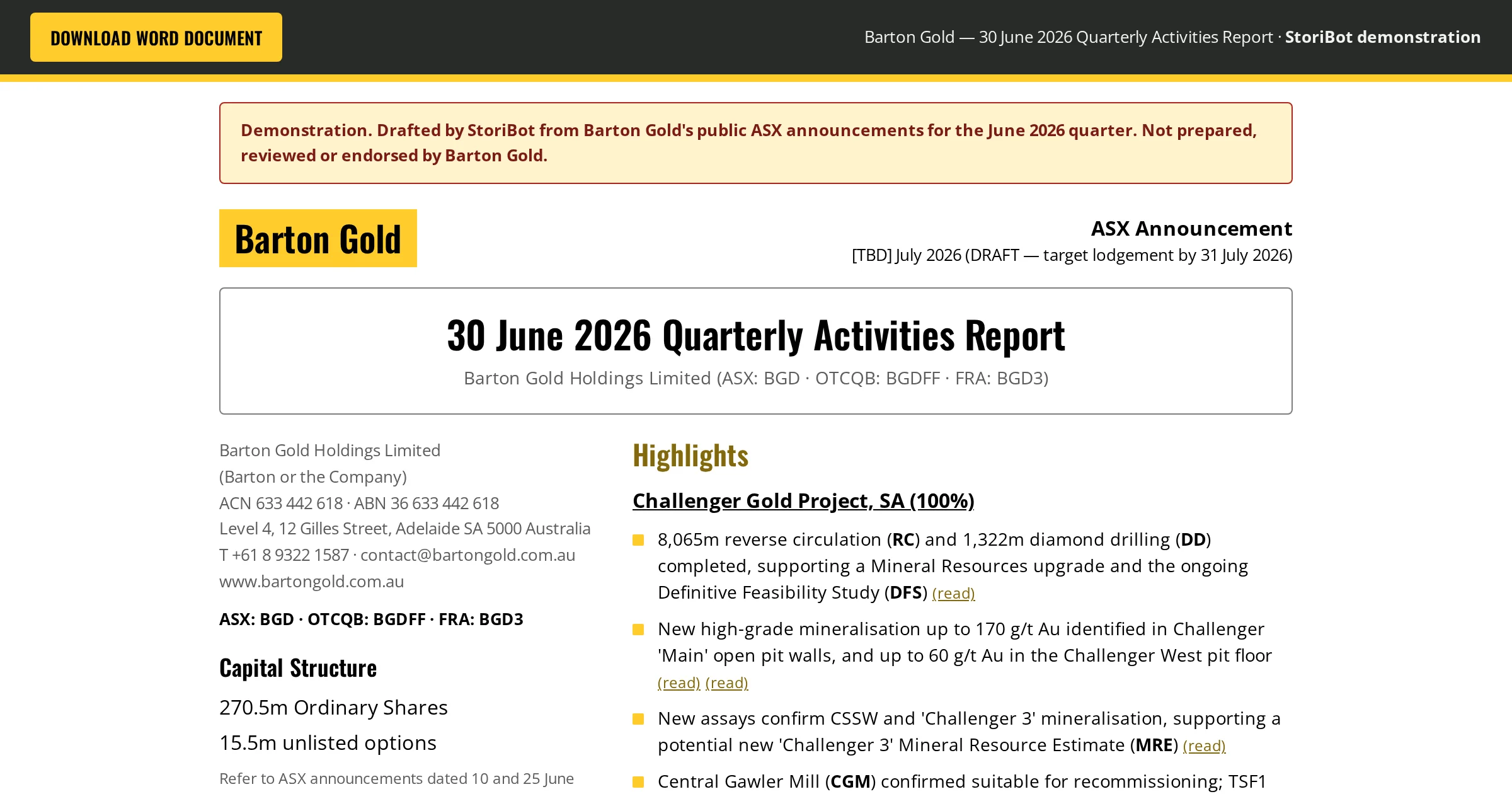 Barton Gold — Quarterly Reporting