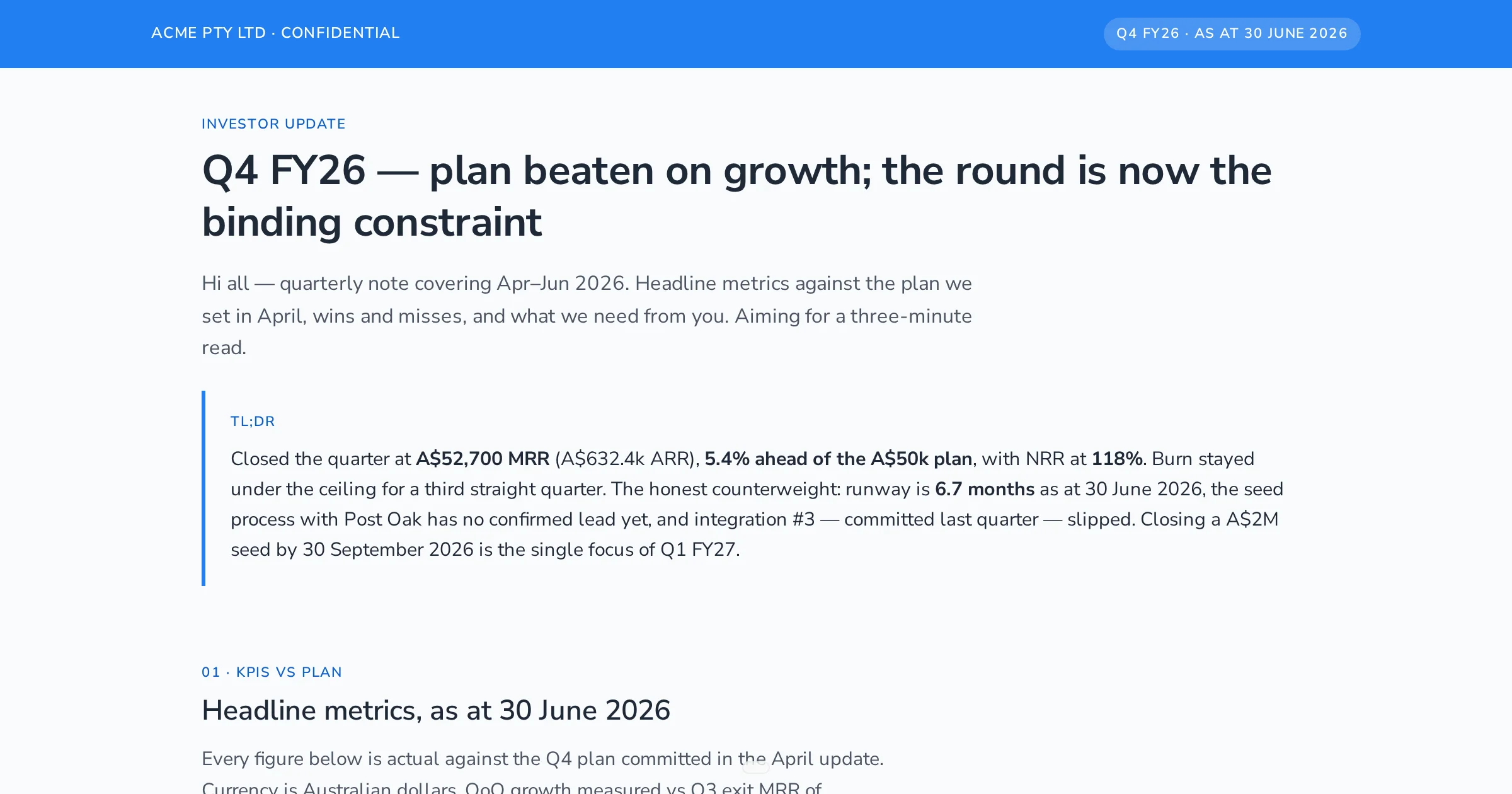 Acme Pty Ltd — Q4 FY26 Investor Update