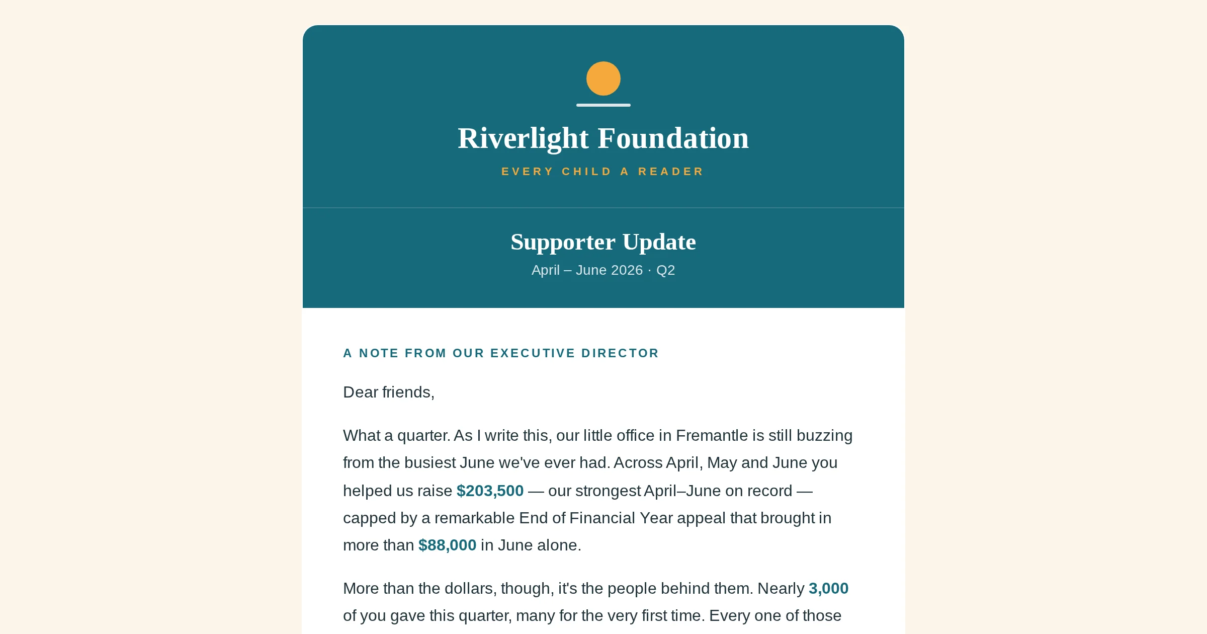Riverlight Foundation — Q2 2026 Supporter Update
