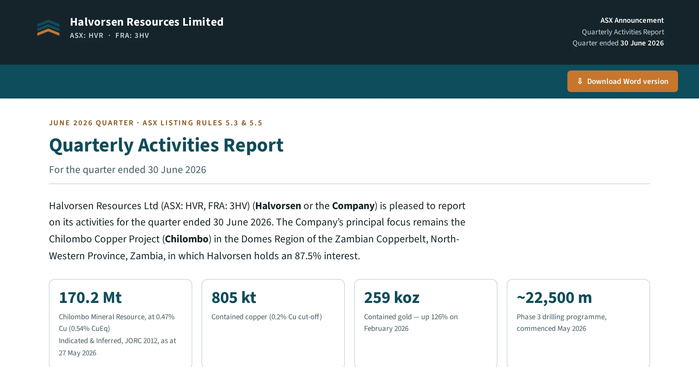 Halvorsen Resources — June 2026 Quarterly Activities Report
